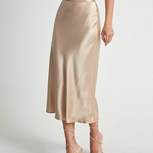 High Waisted Satin Flowy Midi Skirt