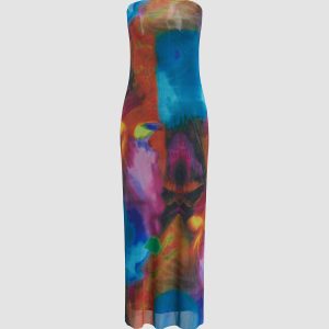 Tulle Printed Mesh Strapless Tube Midi Dress