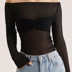 Semi-Sheer Off-Shoulder Mesh Long Sleeve Shirt