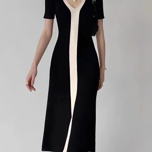 Two Tone V-Neck Knit Slit Midi Dress