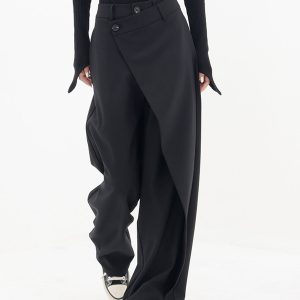 Asymmetrical Layer Button Wide Leg Dress Pants