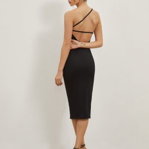 Asymmetrical Strap Open Back Midi Dress