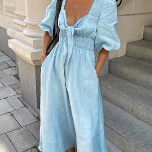 Linen Cotton Front Tie Midi Dress