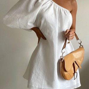 Aegean Cotton Linen One Sleeve Short Dress
