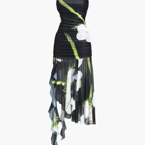 Gardenia Floral Mesh Pleat Tube Midi Dress