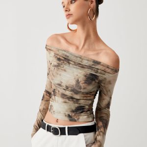 Semi-Sheer Tulle Mesh Off Shoulder Long Sleeve Crop Top