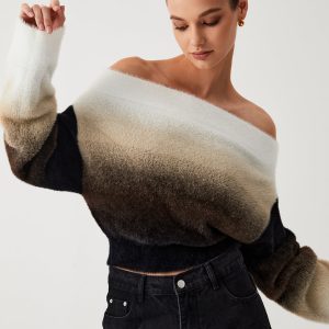 Dawn Ombre Fuzzy Off Shoulder Crop Sweater