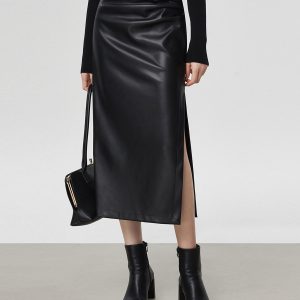 Faux Leather Ruched Slit Midi Skirt