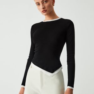 Asymmetric Hem Contrast Trim Long Sleeve Shirt