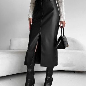 Faux Leather Slit Midi Skirt