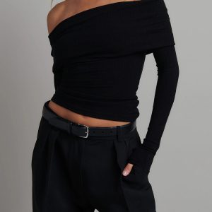 Off Shoulder Overfold Long Sleeve Crop Shirt