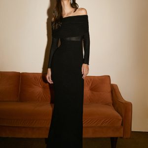 Semi-Sheer Off-Shoulder Mesh Long Sleeve Long Dress