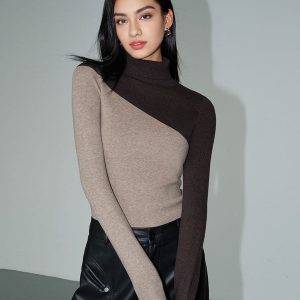Asymmetric Patchwork Long Sleeve Mock Neck Knit Top
