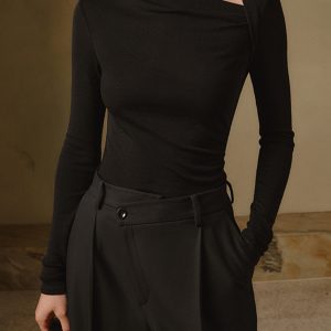 Ribbed Knit Long Sleeve Asymmetric Shirt