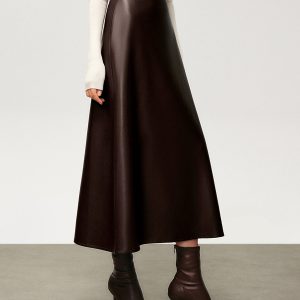 Pleated Faux Leather Midi Skirt