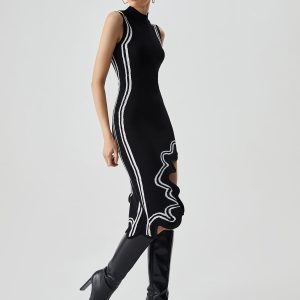 Knit Asymmetric Contrast Trim Mock Neck Midi Dress