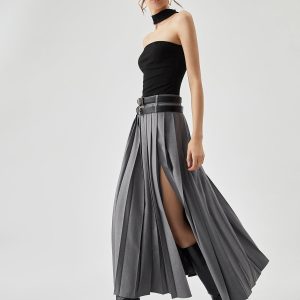 Pleated Split Maxi Skirt Without Belt
