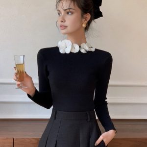 Solid Long Sleeve Floral Knit Top