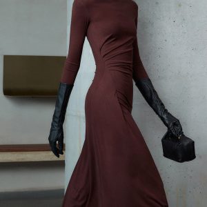 Bodycon Asymmetrical Neck Long Sleeve Ruched Maxi Dress