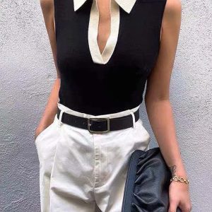 Contrast Trim Collar V-neck Knit Sweater Vest