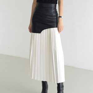Asymmetric Patchwork Faux Leather Chiffon Pleated Maxi Skirt