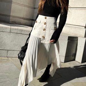 Patchwork Asymmetrical Pleated Buttoned Midi Skirt