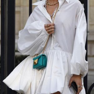 Pleated Long Sleeve Button Up Collar Mini Dress