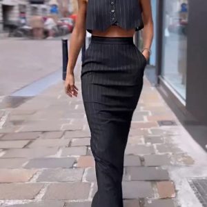 Pinstripe Button Crop Two Pieces Skirt Set