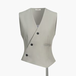 Asymmetric Grayish Green Button Sleeveless Vest