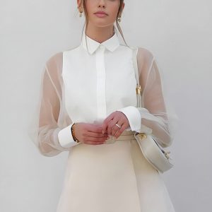 Semi-Sheer Puff Sleeve Organza Shirt
