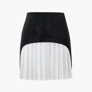 Faux Leather Patchwork Pleated Mini Skirt