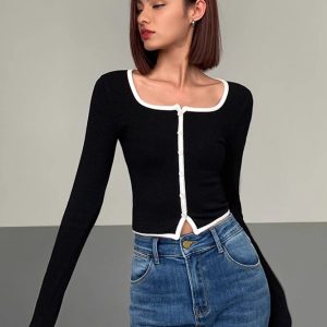 Square Neck Contrast Trim Long Sleeve Knit Shirt