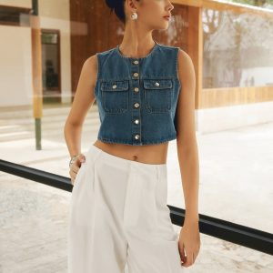 Button Front Double Pockets Denim Top