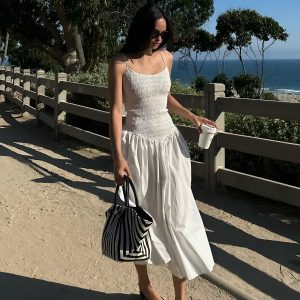 Cotton Blends Shirred Cami Midi Dress