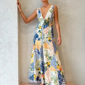 Lemonade Print Lace Trim Long Dress