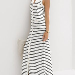 Striped Metal Button Long Sweater Dress