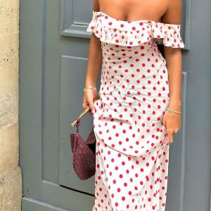 Semi-Sheer Polka Dot Ruffle Hem Off-Shoulder Long Dress