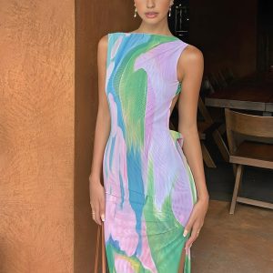 Monet Garden Print Sleeveless Long Dress
