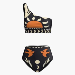 Bird Print Asymmetrical Neck Bikini Set