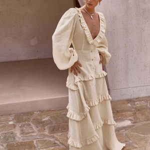 Cotton & Linen Semi-Sheer Ruffle Trim Long Dress