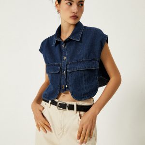 Denim Pockets Turn Down Collar Vest