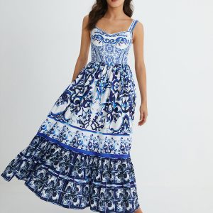 Print Strap Pleated Long Dress