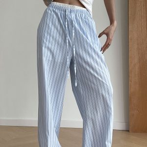 Stripe Loose Double-Waisted Tie Front Pants
