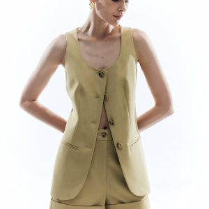 Woolen Button Split Pleated Vest