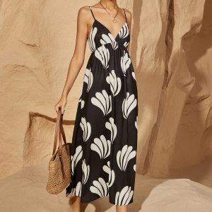 Oversized Palm Backless V-Neck Dress