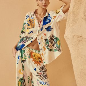 Satin Graffiti Lapel Pants Set