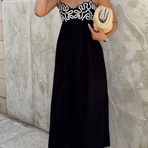 Embroidered Shirred Spaghetti Strap Long Dress