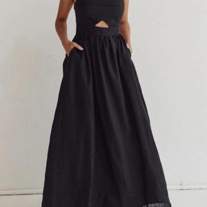 Cotton Sleeveless Pockets Cutout Long Dress