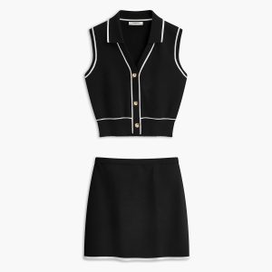 Button Front Contrast Binding Sleeveless Skirt Set