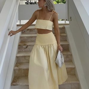 Shirred Waist Split Thigh Skirt Set